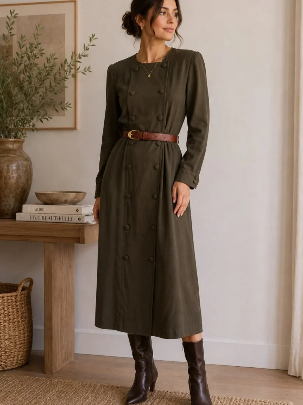 Vintage Talbots Olive Green Military Midi Dress Wool Blend Size‎ 8 ✨